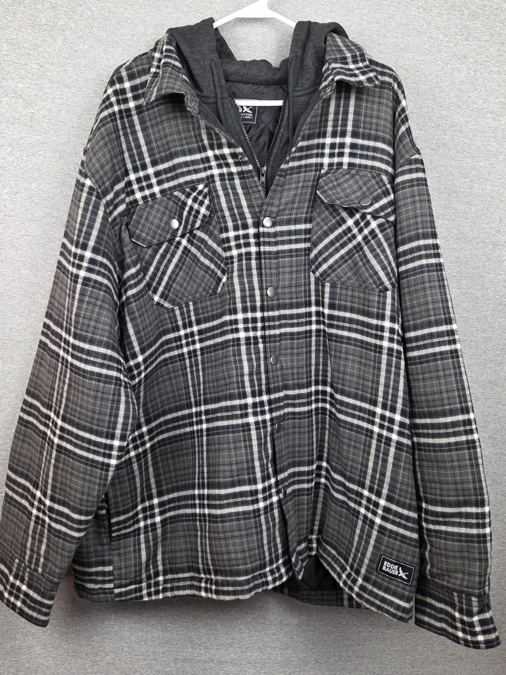 Men's Eddie Bauer Gray Plaid Hooded Flannel Shacket XXL Button Snap, zipper